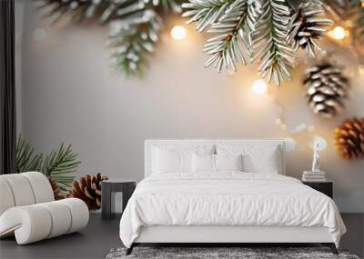 Christmas background with fir branches and cones Wall mural