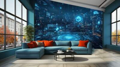 Abstract Digital Landscape of  Cyberpunk City Wall mural