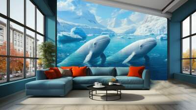 Two Beluga Whales Swimming in Arctic Waters Wall mural