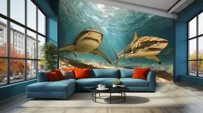 Two Sharks Swimming in the Blue Ocean Wall mural