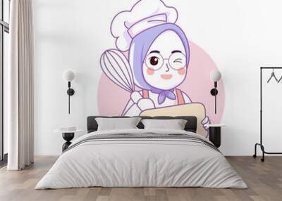 Cute bakery chef girl holding a cake smiling cartoon art illustration logo Wall mural