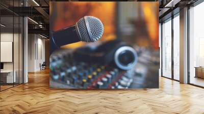 Music instruments or dj concept.the microphone and headphones on sound mixer background. Wall mural