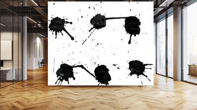 Set of ink splashes. Ink splashes. Ink splat ink. Spray painted texture. Paint splatter dots.  Street art print, splat spot grungy silhouette. Spray painted drips, white background.  Wall mural