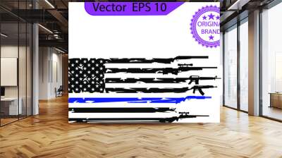 Thin blue line US flag. Flag with Police Blue Line - Distressed and splash american flag. Only commercial use Wall mural