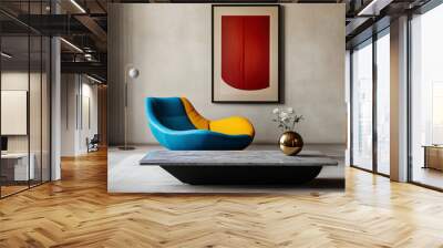 Minimalist interior design of modern living room with blue and yellow lounge chair, marble coffee table, and red abstract wall art
 Wall mural