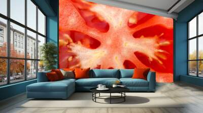 Tomato slice macro, natural background. Juicy red tomato slice closeup with flesh seeds and textures. Wall mural