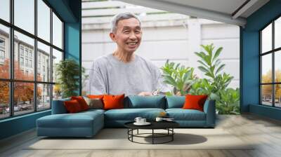 Happy senior asian man is trimming tree with scissors in nursery. He smiles happily in life after retirement. Wall mural