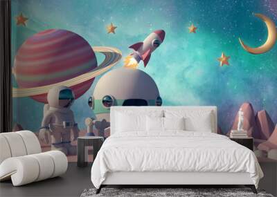 3d cartoon astronaut on planet space background Wall mural