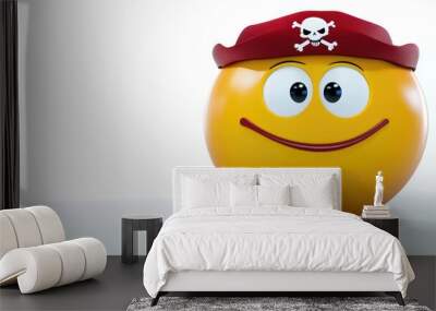 A cheerful pirate emoji wearing a red hat with skull and crossbones exudes playful energy in a bright, minimalist setting, perfect for conveying adventure and fun Wall mural