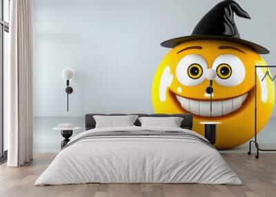 A cheerful pumpkin-shaped emoji wearing a whimsical witch hat grins brightly against a minimalist gray background, capturing the playful spirit of Halloween Wall mural