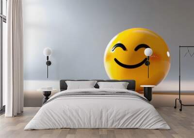 A cheerful yellow smiley face shining brightly on a warm wooden surface in soft light, capturing a moment of joy and positivity Wall mural