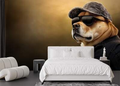 A fashionable dog enjoying a sunny afternoon while wearing stylish sunglasses and a trendy hat, showcasing an irresistible charm and personality Wall mural