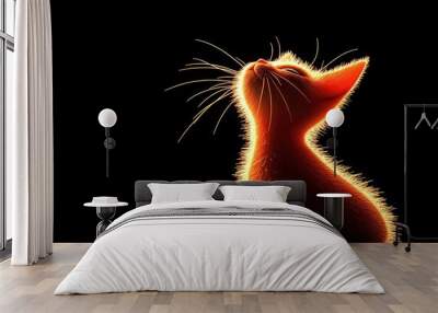 A playful orange kitten in silhouette gazes upwards against a dark background, highlighting its fur and whiskers in a tender moment Wall mural