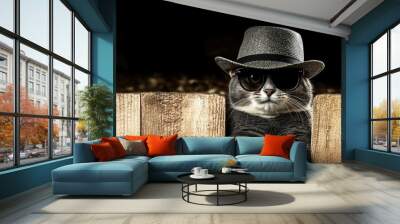 A stylish cat wearing a hat and sunglasses peeks curiously over a wooden fence in a whimsical outdoor setting, capturing a playful moment filled with charm and personality Wall mural