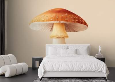 A vibrant orange-capped mushroom stands tall against a soft beige background, showcasing intricate details of its gills and texture, highlighting the beauty of nature's fungi Wall mural