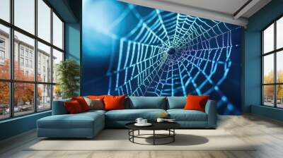 Captivating web of shimmering dew droplets glistening in soft morning light on a delicate spider silk in a tranquil forest setting. Halloween background, copy space. Wall mural