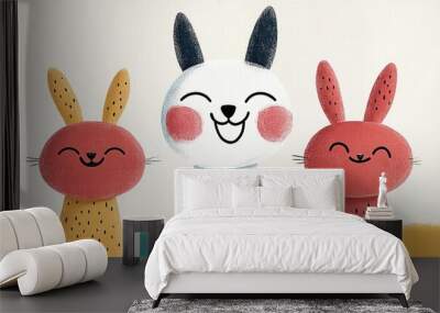 Colorful cartoon rabbits and a joyful bunny surrounded by a whimsical landscape in a playful style Wall mural