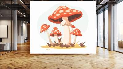 Whimsical red mushrooms with white spots sprouting from a grassy patch on a sunny day, embodying a playful essence of nature's magic in a serene landscape Wall mural