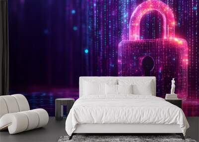 A digital lock symbolizing internet security, designed with binary code patterns and glowing effects, representing the protection of data and online privacy in the modern world. Wall mural