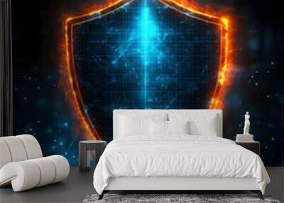 A glowing shield icon standing as a symbol of cybersecurity resilience in the middle of a dark digital landscape. Wall mural