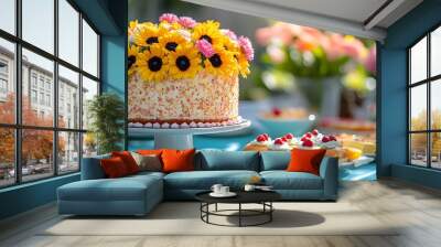 An inviting outdoor birthday cake table A beautifully set outdoor table, with an elaborate birthday cake, fresh flowers and plates of treats, ideal for a summer celebration. banner Wall mural