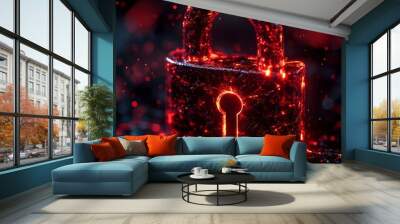 Broken padlock with shattered pieces flying, symbolizing an email security breach, dark background, glowing red highlights, cyber threat emphasis Wall mural