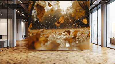 landscape autumn rain drops splashes in the forest background, october weather landscape Wall mural