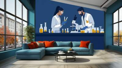 Medical research: Scientists experimenting at a lab bench A group of scientists in a laboratory working together on a project, with test tubes and microscopes around them.  Wall mural