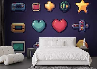 Pixel game icon. Retro video games element, arcade UI button, digital console 8-bit interface, pixels heart, bomb, star, menu buttons controller item. Vector set Wall mural