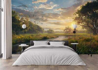 summer landscape with sunrise AI generative Wall mural