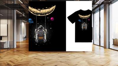 Astronaut swinging on the moon illustration with tshirt design premium vector Wall mural