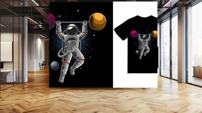 Astronaut weightlifting in space illustration with tshirt design premium vector Wall mural