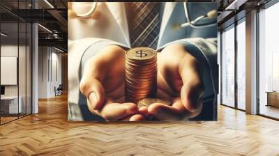 hand holding a coin, saving money for  finance concept  Wall mural