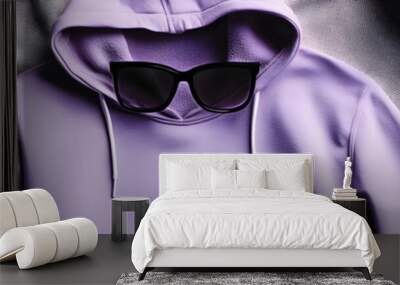 Hoodie Mockup - A stylish arrangement featuring a purple hoodie, sunglasses, and sneakers on a textured surface. Wall mural