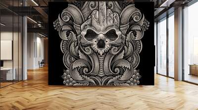 Illustration of Fuck finger skull with vintage engraving ornament in back perfect for your business and Merchandise Wall mural