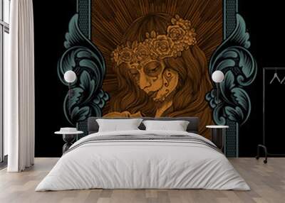 illustration sugar skull woman with engraving style Wall mural