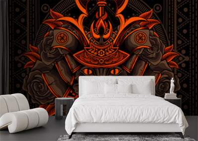 Illustration vector Cat head with samurai helmet perfect for print on demand. Wall mural