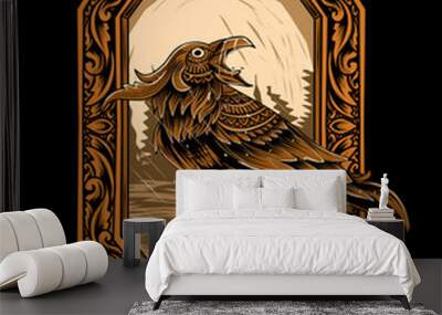 Illustration vector Crow bird with vintage engraving ornament on black background Wall mural