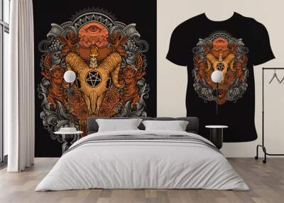 Illustration vintage goat skull rose with engraving ornament on T shirt mockup Wall mural