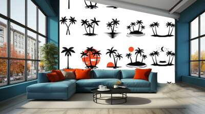 Palm trees and sunset illustration. Set of black trees. Black palm trees set. Palm silhouettes.  Wall mural