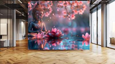 Buddha statue in meditation surrounded by glowing lotus flowers on tranquil water Wall mural