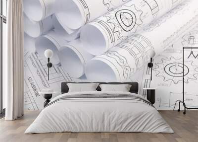 paper engineering drawings of industrial parts and mechanisms Wall mural