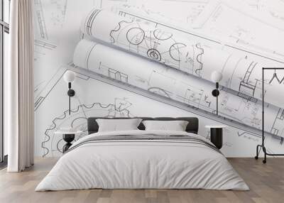 paper engineering drawings of industrial parts and mechanisms Wall mural