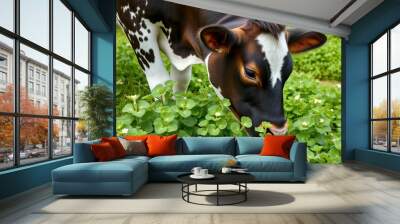 A cow munching on a patch of juicy clover Wall mural