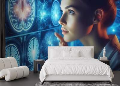 Neuroscientist A woman studying a brain scan her face alight wit Wall mural