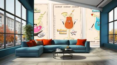 A set of retro posters or postcards for a summer cafe with funny comic book characters walking around. Characters from the 60s and 70s in a modern groovy style. Mascots for bars and restaurants. Wall mural