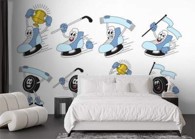 Happy Ice Hockey Shoe and Puck Cartoon Character Set Collection Wall mural