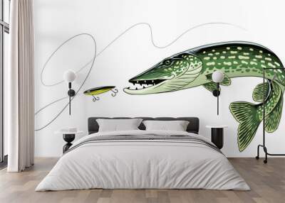 Vintage Illustration of Pike Fish Vector Isolated Wall mural