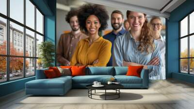 A diverse group of business people standing and smiling in a modern office. Wall mural