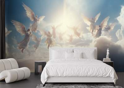 Angels fly in a heaven made of clouds. Wall mural